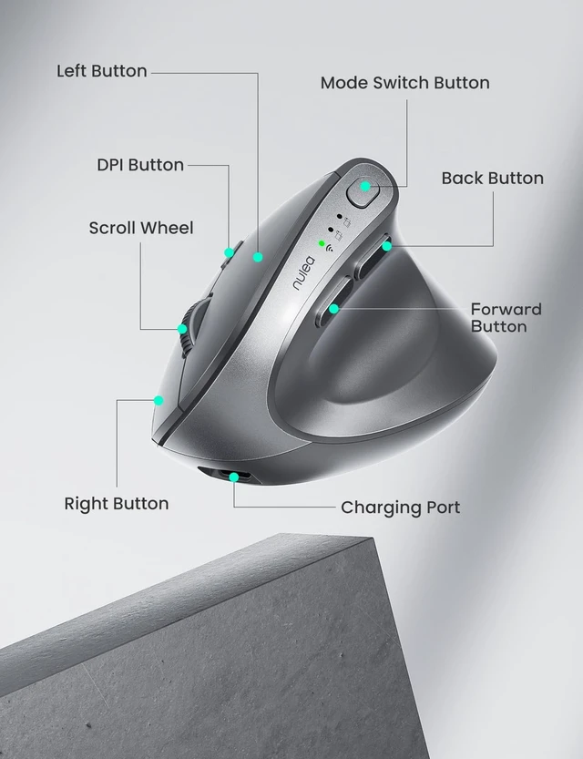Alt view image 4 of 5 - Nulea MD280 Ergonomic Vertical Wireless Mouse - Bluetooth & 2.4G Dual Mode, 4 Adjustable DPI 800/1200/1600/2400, Rechargeable, Silent Clicks, No Lag, 6 Buttons - Perfect for Laptop, Desktop Gre