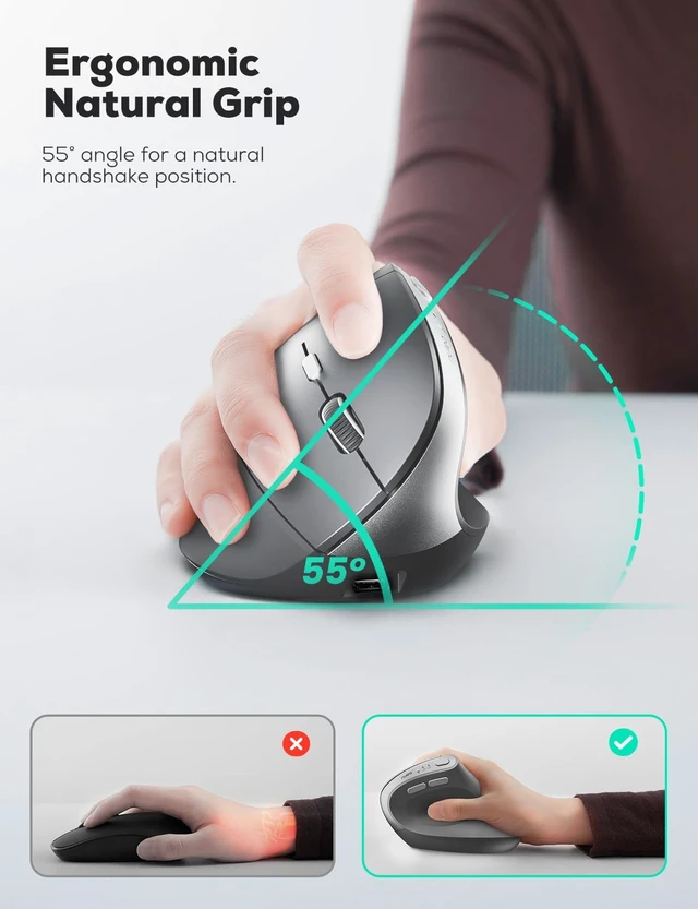Alt view image 3 of 5 - Nulea MD280 Ergonomic Vertical Wireless Mouse - Bluetooth & 2.4G Dual Mode, 4 Adjustable DPI 800/1200/1600/2400, Rechargeable, Silent Clicks, No Lag, 6 Buttons - Perfect for Laptop, Desktop Gre