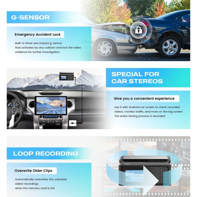 Alt view image 5 of 5 - Dasaita USB Dash Cam 1080P Car Camera, Front Dash Camera for Android Car Stereo, with 1.47" IPS HD Display, 170Wide Angle, WiFi, WDR, G-Sensor, Loop Recording, Free 32GB CardNight Vision - DAS-U2