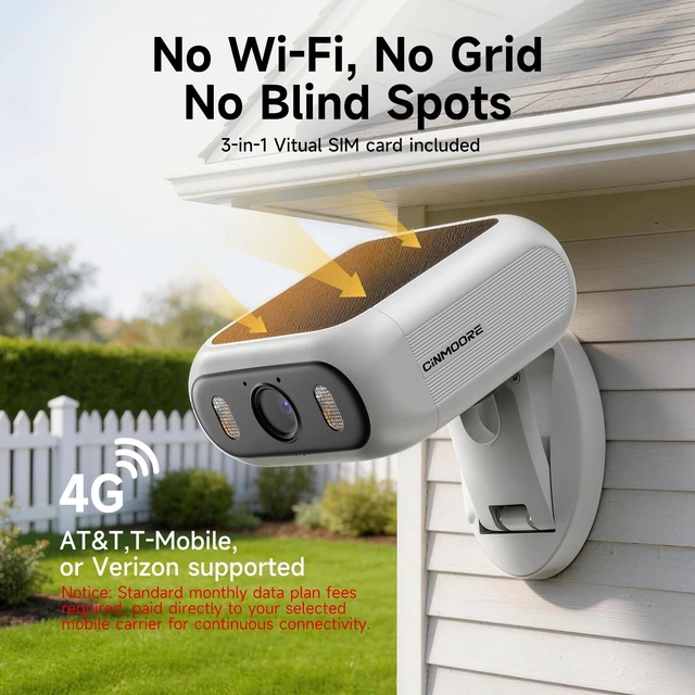 Alt view image 2 of 5 - CINMOORE 1080P Solar Security Camera, 4G LTE Cellular Security Camera Wireless Outdoor, with SIM Card, No WiFi, Magnetic Folding Mount, AI Motion Detection, Full Color Night Vision, Two-Way Aud