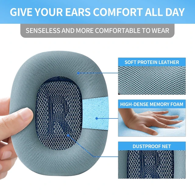 Alt view image 3 of 5 - Sinowo Ear Cushions for Apple AirPods Max Headphones Replacement Leather Earpads Sweat Proof Ear Cups Cushion Easy to Install with Magnet, Protein Leather and Memory Foam(Blue)