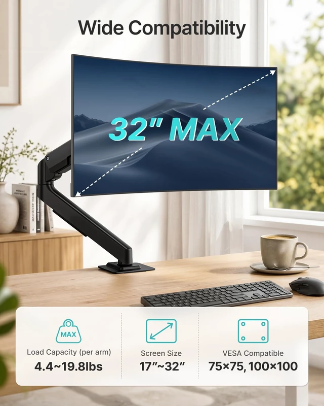 Alt view image 2 of 5 - Single Monitor Arm for 17-32 Inch Screens, Full Motion Desk Mount