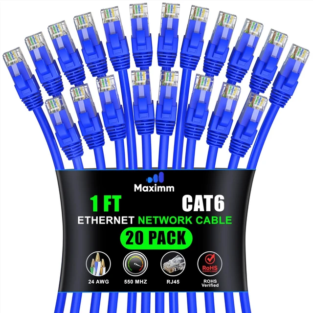 Main image of Maximm Cat6 Ethernet Cable 1 Ft, 10 Gbps 550 MHz, White, 20 Pack