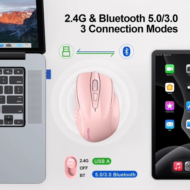 Alt view image 2 of 5 - TECKNET Wireless Mouse, BT 5.0/2.4G, Silent 4800 DPI 6 Buttons, Pink