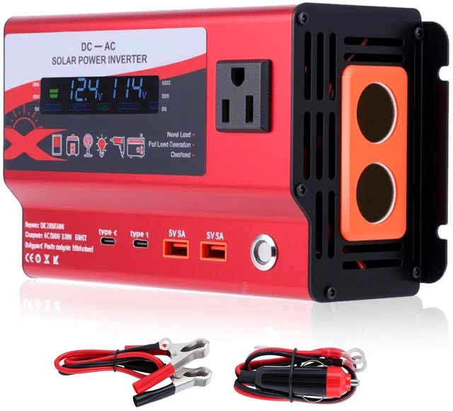 Main image of 600W Car Power Inverter, 12V/24V Car Plug Adapter Outlet Converter with Dual Type C, Dual USB Dual, Dual Cigar Lighter, Single AC Outlet for Cars Trucks US Plug (Red)