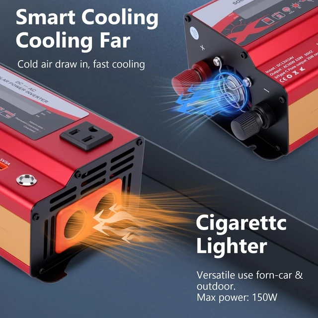 Alt view image 4 of 5 - 600W Car Power Inverter, 12V/24V Car Plug Adapter Outlet Converter with Dual Type C, Dual USB Dual, Dual Cigar Lighter, Single AC Outlet for Cars Trucks US Plug (Red)