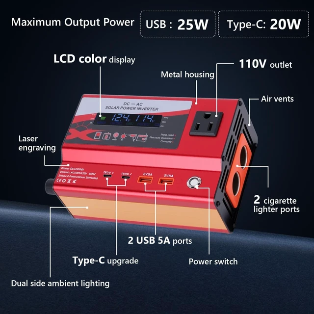 Alt view image 5 of 5 - 600W Car Power Inverter, 12V/24V Car Plug Adapter Outlet Converter with Dual Type C, Dual USB Dual, Dual Cigar Lighter, Single AC Outlet for Cars Trucks US Plug (Red)