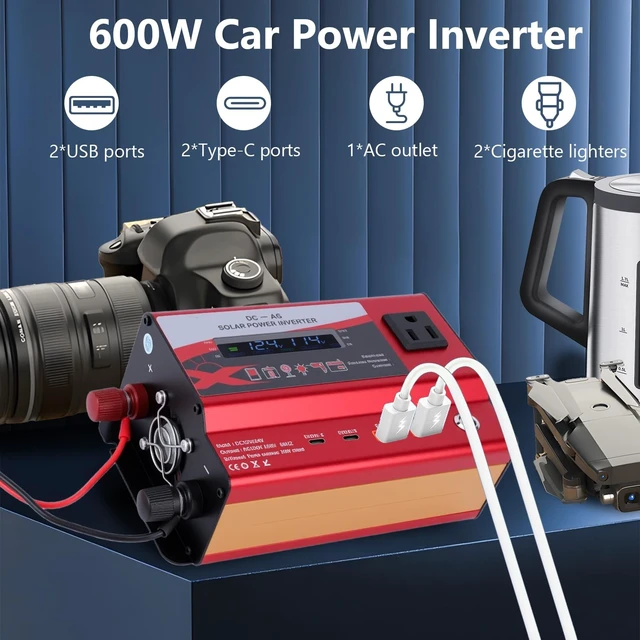 Alt view image 2 of 5 - 600W Car Power Inverter, 12V/24V Car Plug Adapter Outlet Converter with Dual Type C, Dual USB Dual, Dual Cigar Lighter, Single AC Outlet for Cars Trucks US Plug (Red)