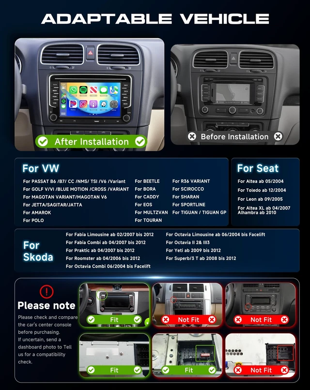 Alt view image 3 of 5 - Driauto 7 Inch Car Stereo for VW Seat Golf Passat B6 B7 Polo Jetta Caddy Tiguan with Wireless Carplay& Android Auto, Linux System Double DIN Car Stereo with Bluetooth for Volkswagen AM/FM/RDS S