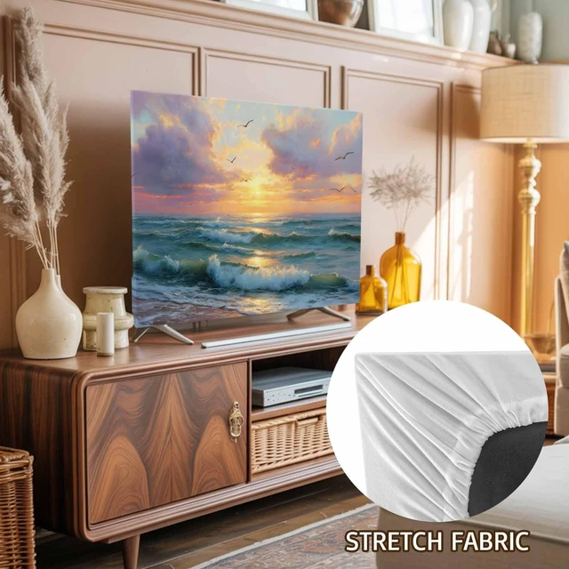 Alt view image 2 of 5 - Summer Ocean TV Dust Cover 85 Inch, Oil Painting Green Sea Sunset Beach Computer Monitor Cover Dustproof Stretchable Indoor TV Screen Protector for LED LCD Universal Monitors