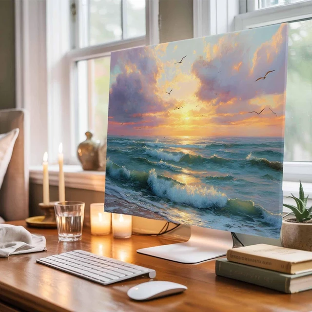 Alt view image 5 of 5 - Summer Ocean TV Dust Cover 85 Inch, Oil Painting Green Sea Sunset Beach Computer Monitor Cover Dustproof Stretchable Indoor TV Screen Protector for LED LCD Universal Monitors
