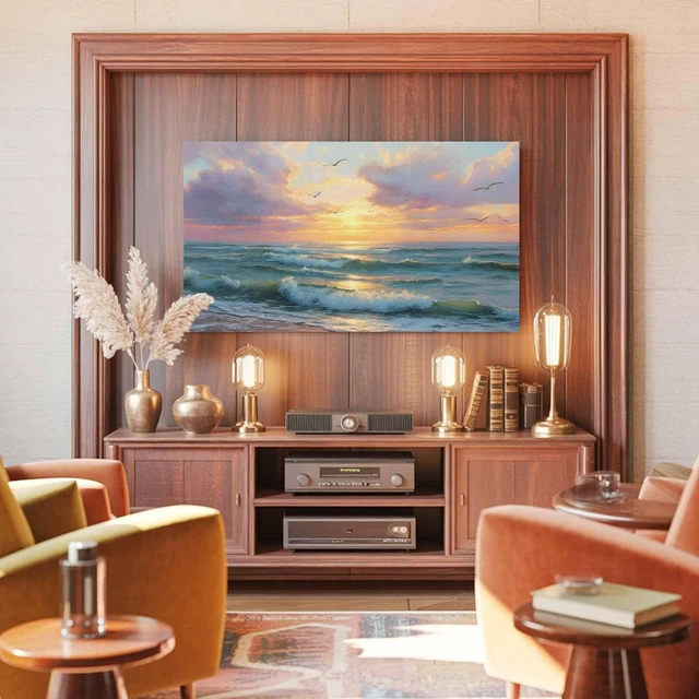 Alt view image 4 of 5 - Summer Ocean TV Dust Cover 85 Inch, Oil Painting Green Sea Sunset Beach Computer Monitor Cover Dustproof Stretchable Indoor TV Screen Protector for LED LCD Universal Monitors