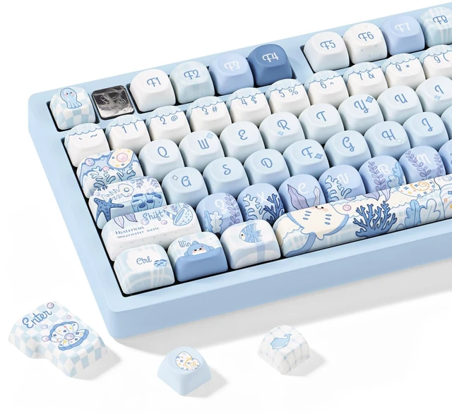 Main image of KEYFLICK Undersea World Blue PBT Keycaps Cute MOA Key Cap for Cherry MX