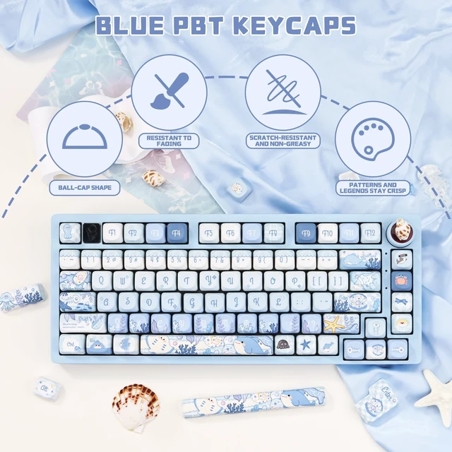 Alt view image 4 of 5 - KEYFLICK Undersea World Blue PBT Keycaps Cute MOA Key Cap for Cherry MX