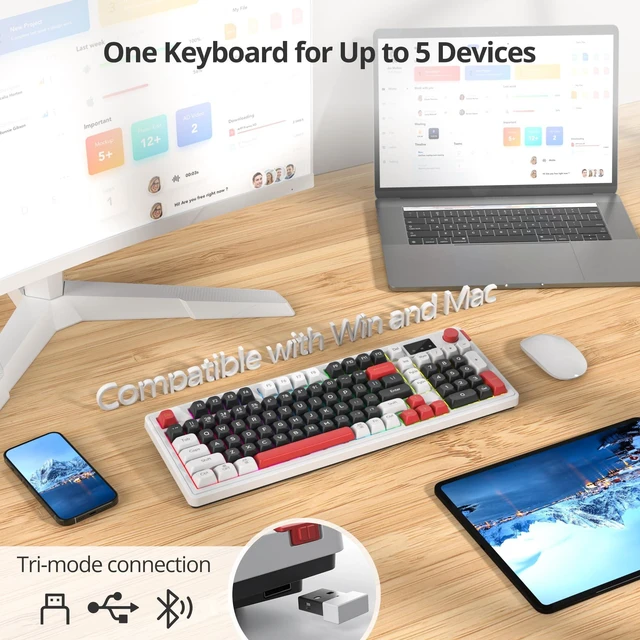Alt view image 4 of 5 - Ussixchare 96% Wireless Keyboard, Cute Creamy Keyboard with Number Pad, RGB Backlit BT5.0/2.4GHz/Wired Knob Control for Win Mac(Black)