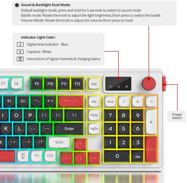 Alt view image 2 of 5 - Ussixchare 96% Wireless Keyboard, Cute Creamy Keyboard with Number Pad, RGB Backlit BT5.0/2.4GHz/Wired Knob Control for Win Mac(Black)