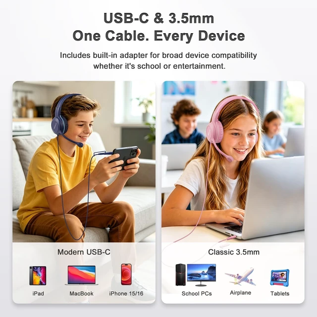 Alt view image 2 of 5 - SIMOLIO-USB-C-Wired-Headphone for-School with Boom-Microphone & Mute Button