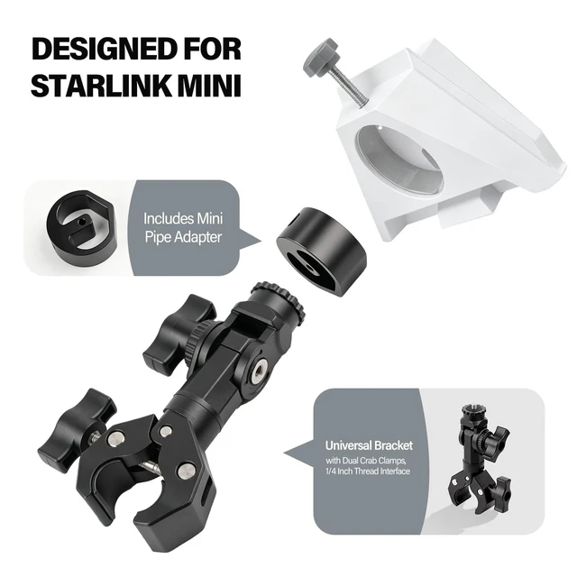 Alt view image 2 of 5 - Lupholue Starlink Mini Pole Mount, Adjustable Clamp Mount with Pipe Adapter for RV, Van, Camper, Yacht and Boat, Outdoor Installation Accessory