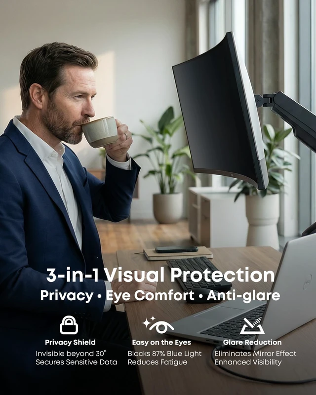 Alt view image 4 of 5 - infoWall 2-Pack 34 Inch Computer Privacy Screen Filter (31.8" 13.5") for 16:9 Curved & Flat Monitors Nano-Suction Bezel (Tape-Free Instant Install) Anti-Glare, Blue Light Blocking, Washable