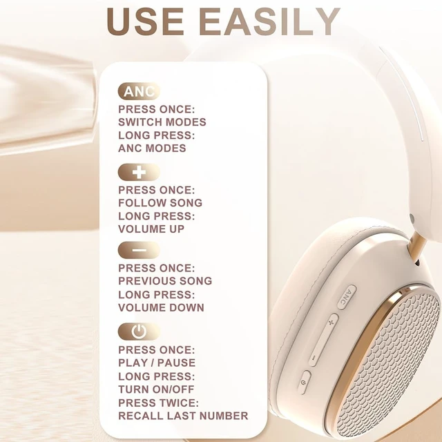 Alt view image 4 of 5 - AYI Premium Active Noise Cancellation Bluetooth Headset Over Ear Headphones with Detachable Microphone HiFi Stereo Sound Rechargeable Game Headphone Compatible with Smartphone/TV/pad/Laptop-Khaki