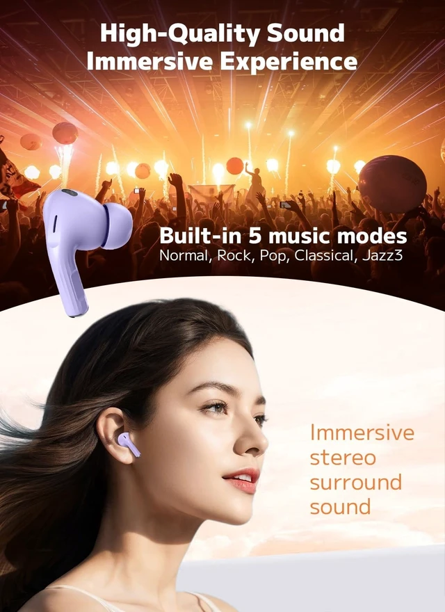 Alt view image 4 of 5 - Bucephalus Wireless Earbuds, Bluetooth 5.4 Ear Buds, ENC Noise Cancelling Headphones with 48H Playtime, Bass Stereo Sound, Compatible with iPhone Air/17/16/15/14/Android, Pad - Purple