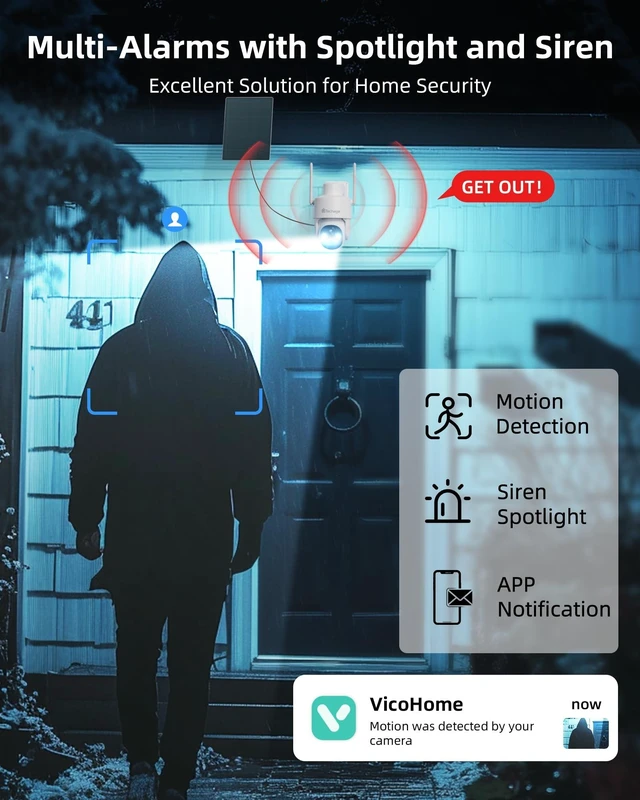 Alt view image 4 of 5 - 2K Solar Cameras Outdoor Wireless, Security Cameras Wireless Outdoor, Battery Powered cam with Spotlight, 2-Way Talk, PIR Motion Detection, Color Night Vision, 360 PTZ, Siren, Compatible