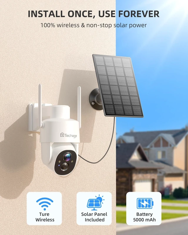 Alt view image 2 of 5 - 2K Solar Cameras Outdoor Wireless, Security Cameras Wireless Outdoor, Battery Powered cam with Spotlight, 2-Way Talk, PIR Motion Detection, Color Night Vision, 360 PTZ, Siren, Compatible