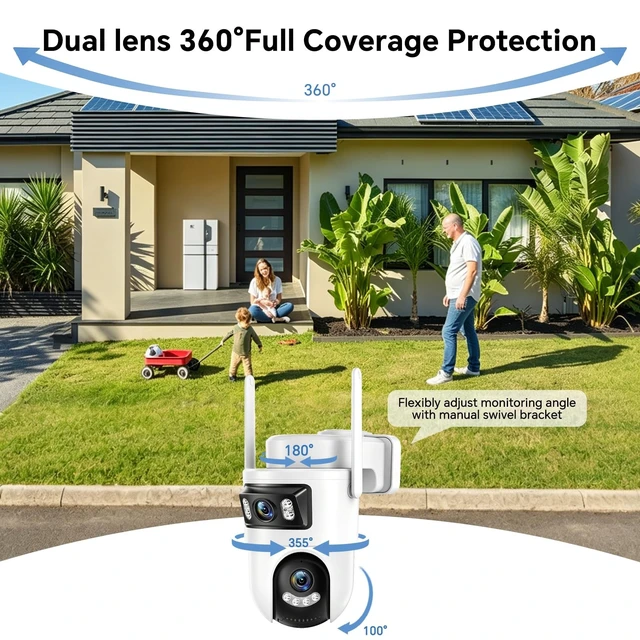 Alt view image 2 of 5 - Dual Lens Security Camera Outdoor, 2.4GHz WiFi Cameras for Home Security, 360 View Pan/Tilt with Color Night Vision, 2K Full HD Video, 2-Way Audio, Works with Alexa, Motion Detection, Auto Tracking