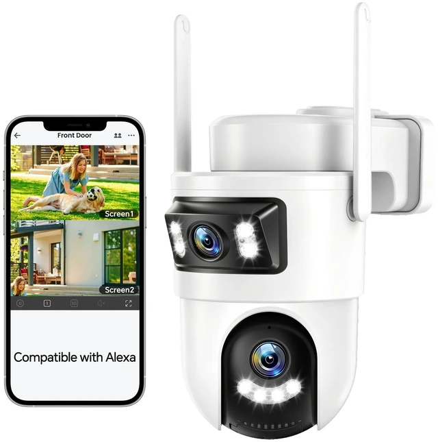 Main image of Dual Lens Security Camera Outdoor, 2.4GHz WiFi Cameras for Home Security, 360 View Pan/Tilt with Color Night Vision, 2K Full HD Video, 2-Way Audio, Works with Alexa, Motion Detection, Auto Tracking