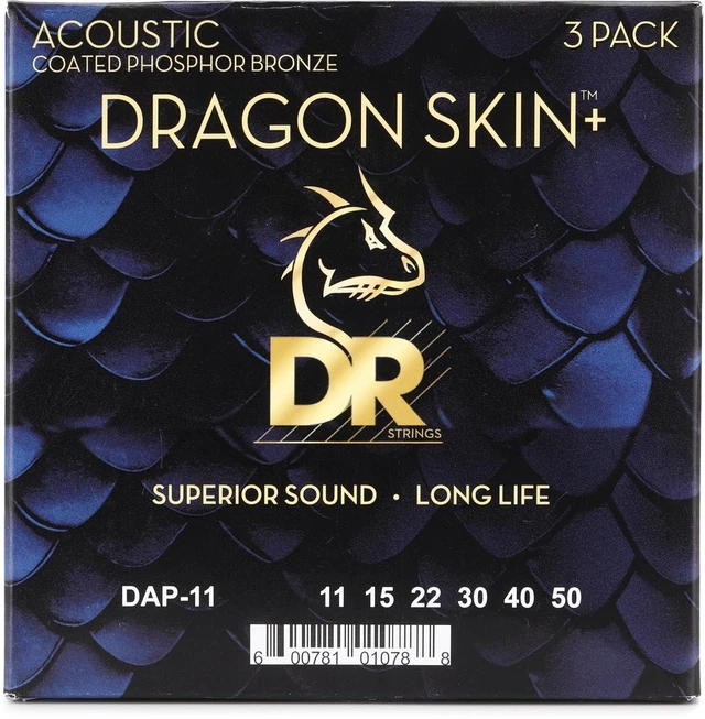 Main image of DR Strings Dragon Skin+ Acoustic Guitar Strings - .011-.050 Custom Light (3-pack)