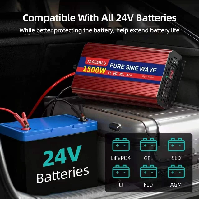 Alt view image 2 of 5 - TAGEEBLU 24V 1500W Pure Sine Wave Power Inverter, 24V DC to 110V-120V AC
