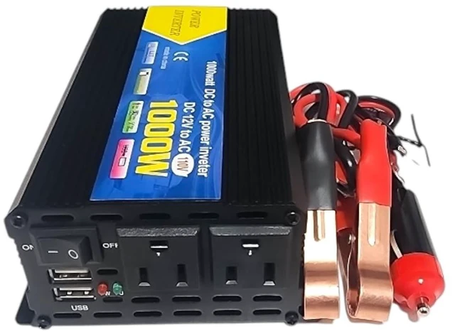 Main image of 1000W DC to AC High-Power Inverter 12V to 110V/120V Converter with Dual USB Ports, Dual AC Outlets, Cigarette Lighter Adapter, Battery Cable for Cars, Trucks, RVs, Camping,Home Backup (Black, 1000W)