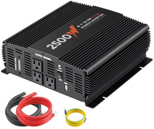 Main image of POTEK 2500W Modified Sine Wave Power Inverter, 12V DC to 120V AC Converter with 3 AC Outlets, USB-A Port and Power Level Display for RV, Truck, Camping and Off-Grid Use