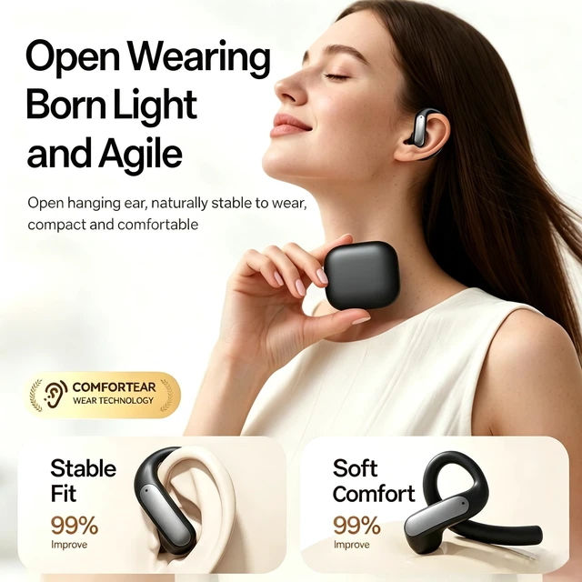 Alt view image 2 of 5 - ROEL-PLAY Open Ear Earbuds Open Earring Bluetooth 5.4 Comfort Black