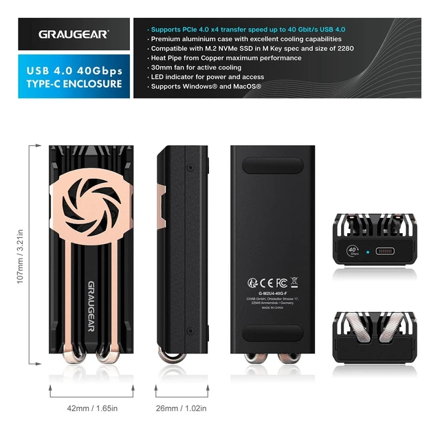 Alt view image 2 of 5 - GRAUGEAR USB4 M.2 NVMe SSD Enclosure, Aluminum Alloy Tool-Free Case, USB4/Thunderbolt 4 Compatible, Supports PCIe Gen4 NVMe 2230-2280 SSD, Compact Portable External Storage (U4-40G-F)