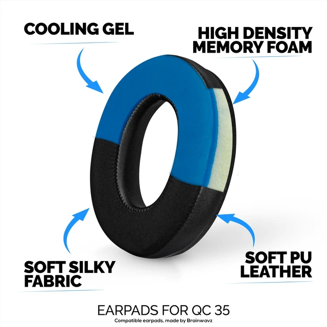 Alt view image 3 of 5 - Hybrid Replacement Earpads for Bose QuietComfort 35 (QC35) Wireless Headphones, Soft Gel, Breathable Fabric w/PU Leather & Memory Foam, Extra Comfort, Easy Install, By Brainwavz (Black)