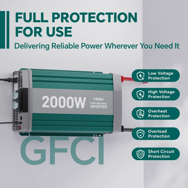 Alt view image 5 of 5 - VEBU 2000W Pure Sine Wave Inverter with ATS Mode, Peak 4000W