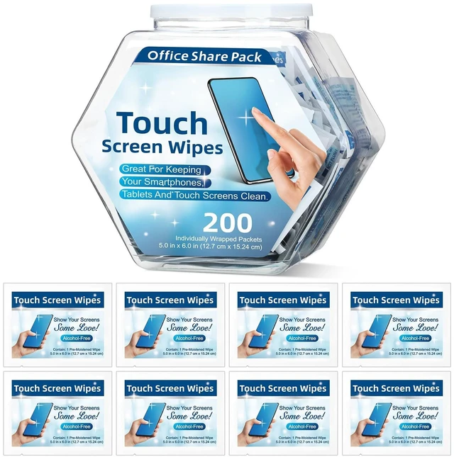 Main image of Willinglong 200 Pack Touch Screen Wipes Pre Moistened Lens Computer Electronic Screen Wipes Individually for Monitors with 1 Clear Plastic Bottle for Glasses Smartphone Screens
