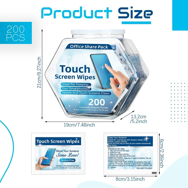 Alt view image 2 of 5 - Willinglong 200 Pack Touch Screen Wipes Pre Moistened Lens Computer Electronic Screen Wipes Individually for Monitors with 1 Clear Plastic Bottle for Glasses Smartphone Screens
