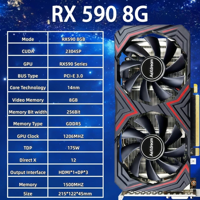 Alt view image 2 of 5 - RX 590 8GB GDDR5 Graphics Card, 256 Bit RX 590 2304SP Gaming Graphics Card, PCIe 3.0 x16, 8-Pin Input DirectX 12 GPU for Gaming PC, DP*3+HDMI Output, 1080P Display, Dual Fan Cooling Low Noise (Black)