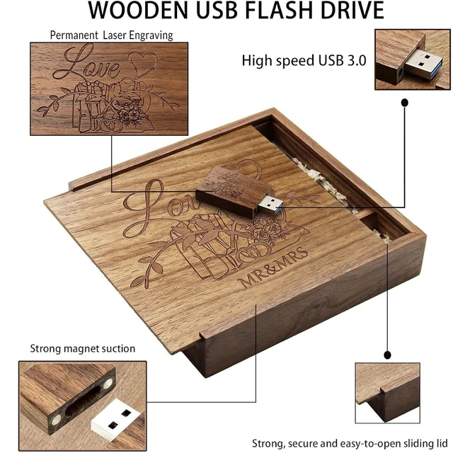 Alt view image 3 of 5 - TATMOHIK Wooden USB Flash Drive 32GB USB3.0 Wedding Flash Drive with Box