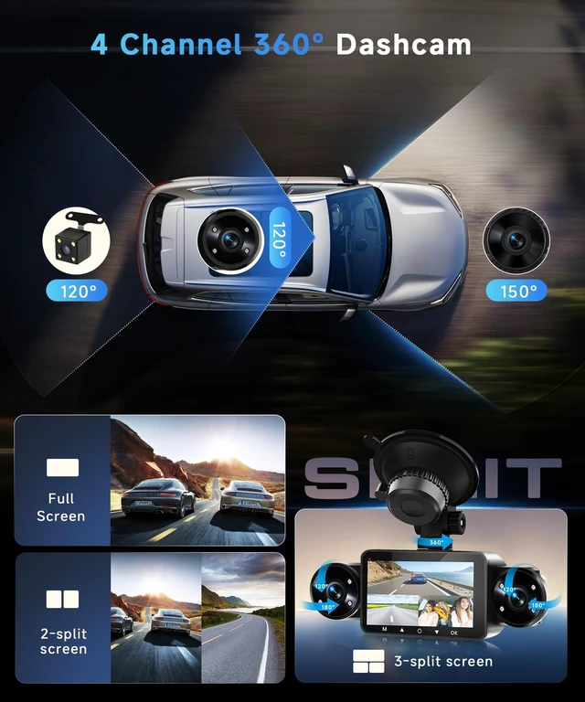 Alt view image 2 of 5 - Orderich 360 Dash Cam Front and Rear Inside Left Right, 4 Channel FHD 1080P Dash Cam for Cars, 3" Dashcams with 64G TF Card 8 IR Night Vision, Loop Recording, G-Sensor, 24H Parking Mode Monitor