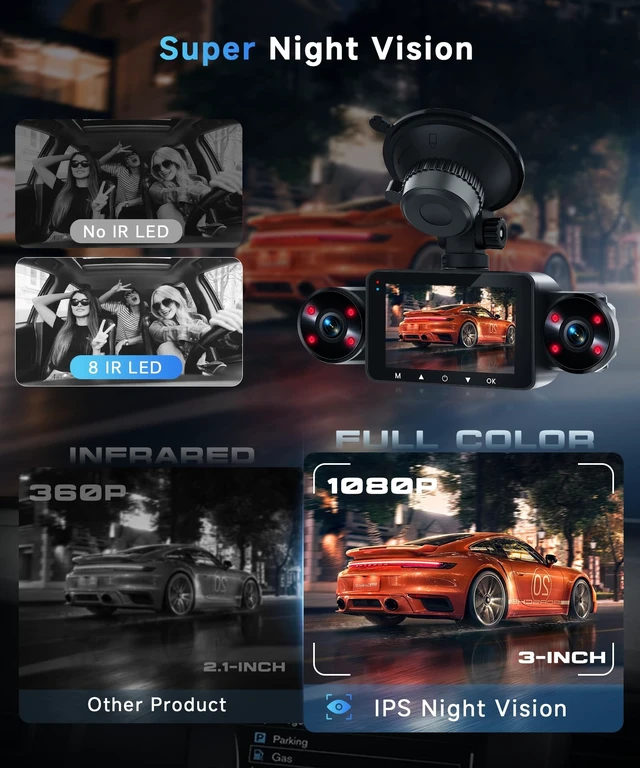 Alt view image 4 of 5 - Orderich 360 Dash Cam Front and Rear Inside Left Right, 4 Channel FHD 1080P Dash Cam for Cars, 3" Dashcams with 64G TF Card 8 IR Night Vision, Loop Recording, G-Sensor, 24H Parking Mode Monitor