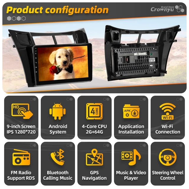 Alt view image 3 of 5 - Crownyu for Toyota Yaris Hatchback 2007-2011 Radio Stereo Carplay Auto