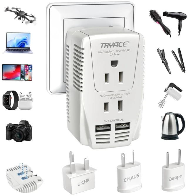 Main image of 2000W Voltage Converter US to Europe for Hair Dryer Straightener Curler