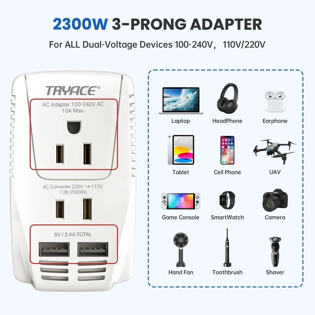 Alt view image 2 of 5 - 2000W Voltage Converter US to Europe for Hair Dryer Straightener Curler