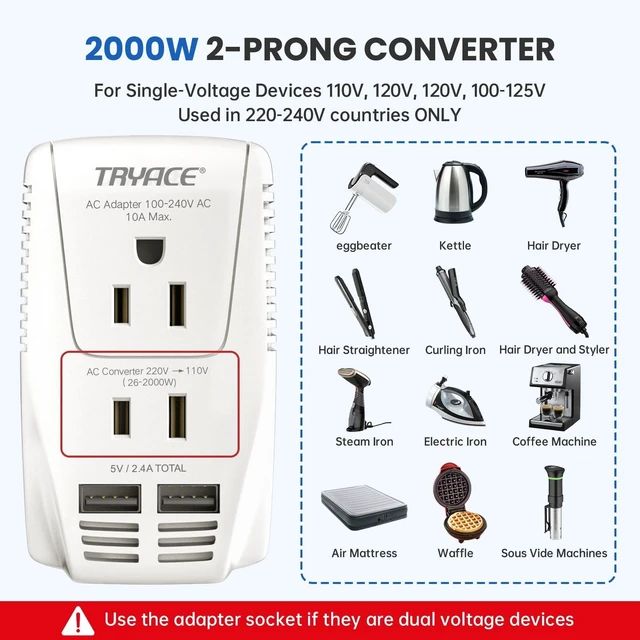 Alt view image 3 of 5 - 2000W Voltage Converter US to Europe for Hair Dryer Straightener Curler