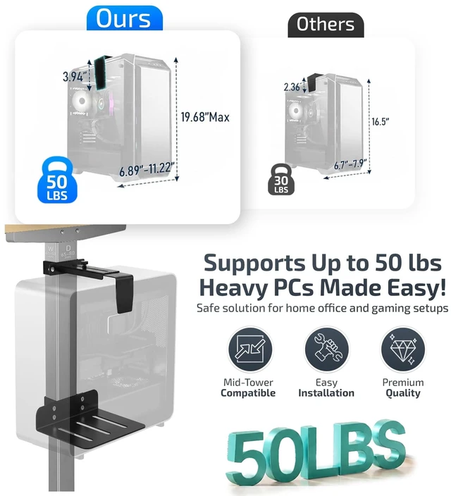 Alt view image 5 of 5 - DEHAGLOBAL Clamp Mount Under Desk Pc Mount, Adjustable Height and Width No Drilling 50 lb Capacity with Non-Slip Pads & Cable Organizer for Standing Desk (Black, 75mmx45mm)