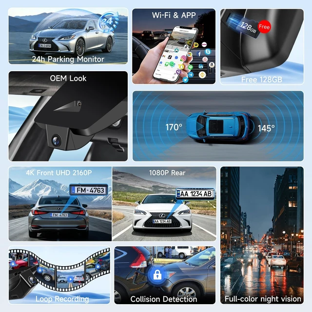 Alt view image 3 of 5 - 4K+1080P Dash Cam Front and Rear for Lexus ES 2019-2026,Integrated OEM Look