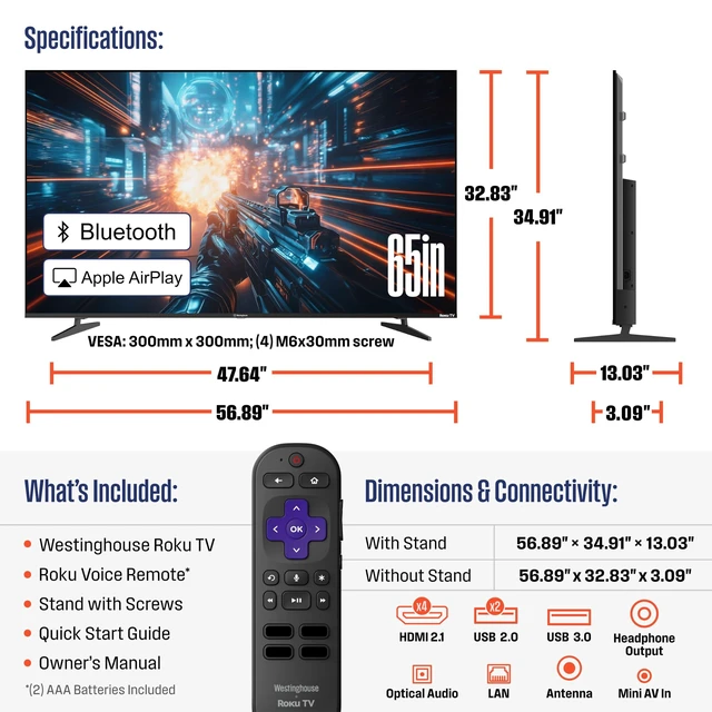 Alt view image 3 of 5 - Westinghouse 65 Inch Mini LED 4K UHD Roku Smart TV Max, Native 144Hz Refresh Rate, VRR & ALLM Gaming, QLED Quantum Color, Dolby Vision HDR, Local Dimming, MEMC Motion, Apple AirPlay 2 & HomeKit